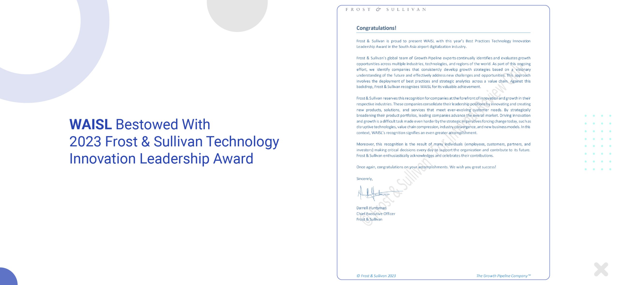 Frost & Sullivan Bestows WAISL With Technology Innovation Leadership Award 2023